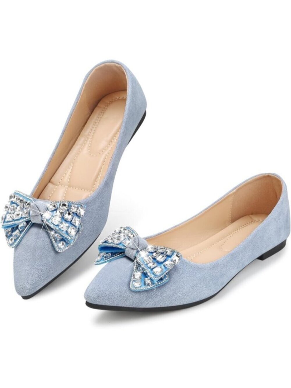 Women's Sky Blue Pointed Toe Pearl Flats Faux Suede Comfort Dress for Shoes